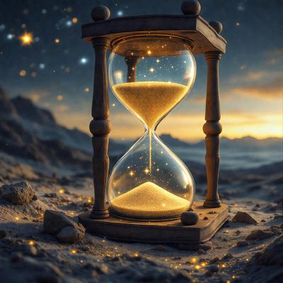The primary subject of the image is a large, illuminated hourglass. The hourglass is placed on a rocky surface, which serves as the setting for the scene. The visual style of the image is a combination of photo and digital art, creating a unique and captivating atmosphere. The colors and mood of the image are predominantly dark and dramatic, with the illuminated hourglass being the focal point and the rocky surface adding a sense of depth and contrast to the scene.